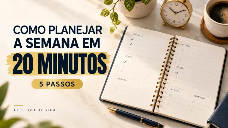 Agenda semanal aberta com tarefas marcadas, relógio e caneta, ilustrando como planejar a semana em 20 minutos.