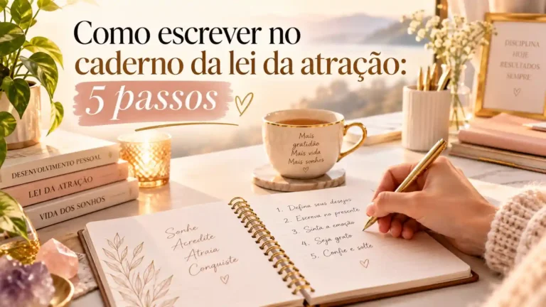 Pessoa escrevendo desejos e próximos passos em um caderno de manifestação.