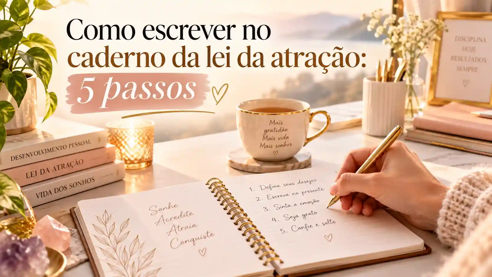 Pessoa escrevendo desejos e próximos passos em um caderno de manifestação.